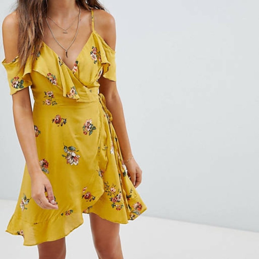 Floral Print Cold Shoulder Wrap Dress in Mustard | Lunik